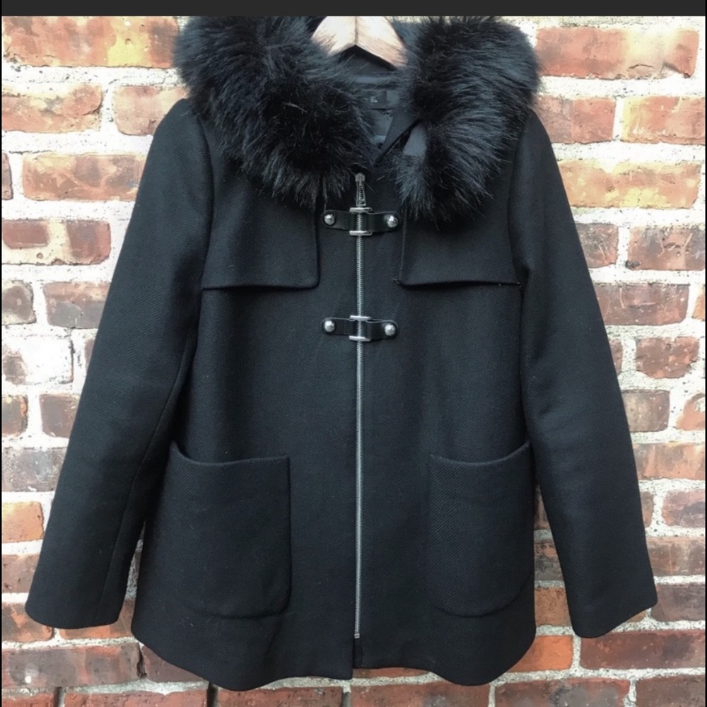 Zara black  faux fur trim hooded jacket